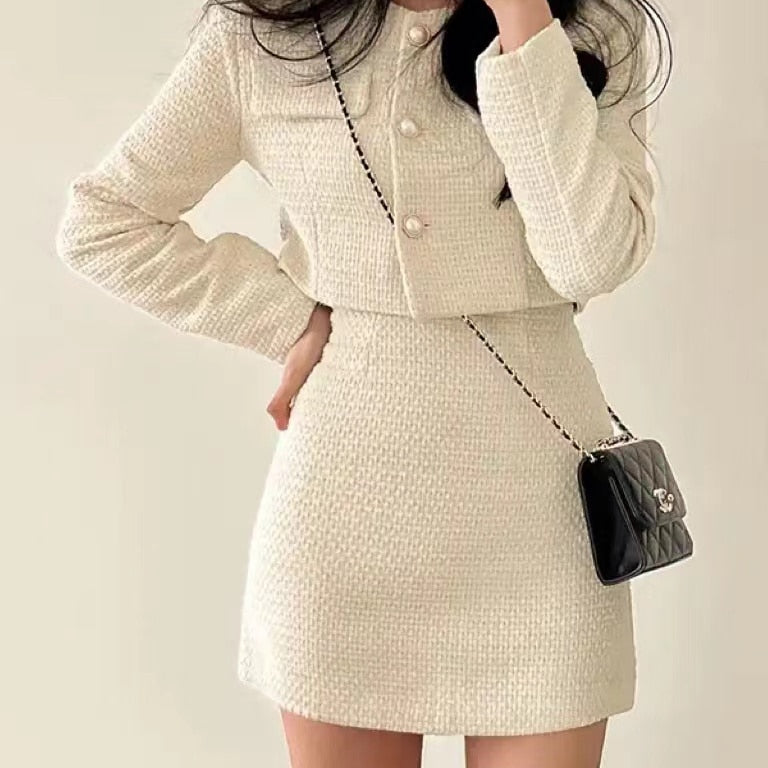 2024 Autumn Single Breasted Tweed Jackets Women Coat High Waist Mini Skirt 2 Piece Sets Spring Outfit Elegant Luxury Office Suit AMAIO