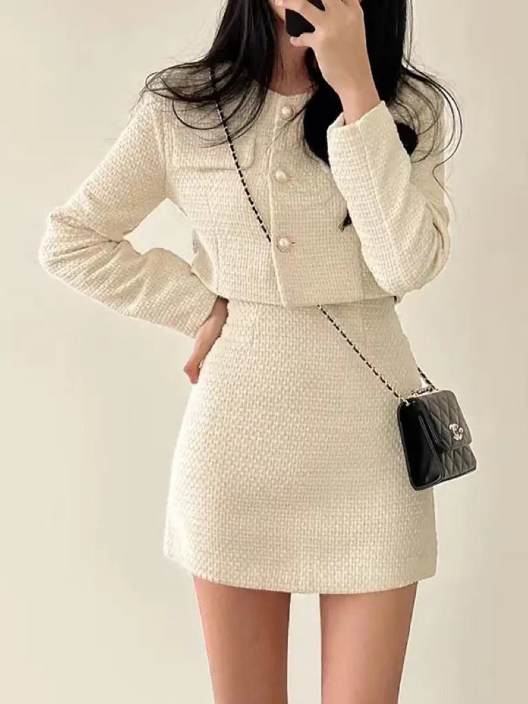 2024 Autumn Single Breasted Tweed Jackets Women Coat High Waist Mini Skirt 2 Piece Sets Spring Outfit Elegant Luxury Office Suit AMAIO