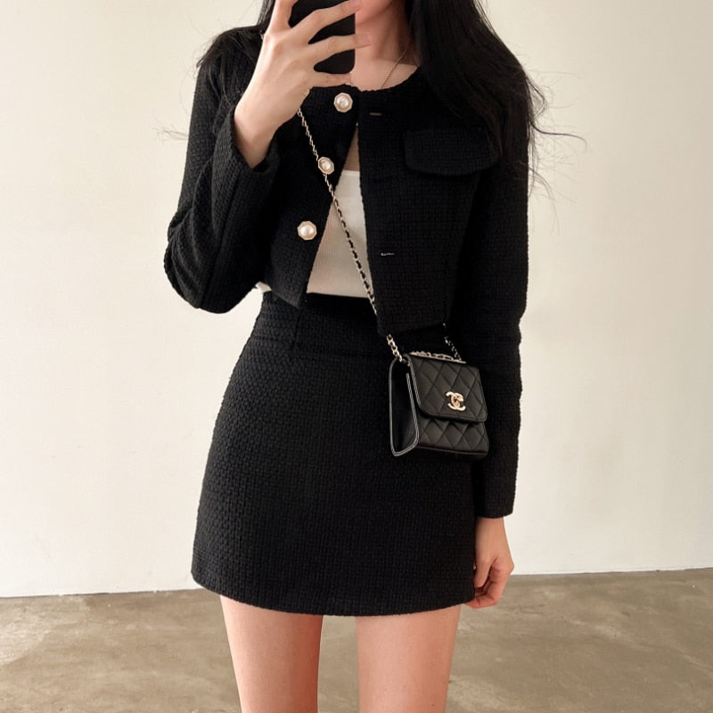 2024 Autumn Single Breasted Tweed Jackets Women Coat High Waist Mini Skirt 2 Piece Sets Spring Outfit Elegant Luxury Office Suit