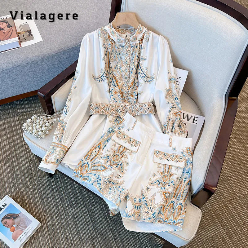 2024 Autumn Summer Fashion Vintage Two-piece Set Women Long Sleeve Single Breasted Top+Print Shorts Luxury Shorts Set Outfits