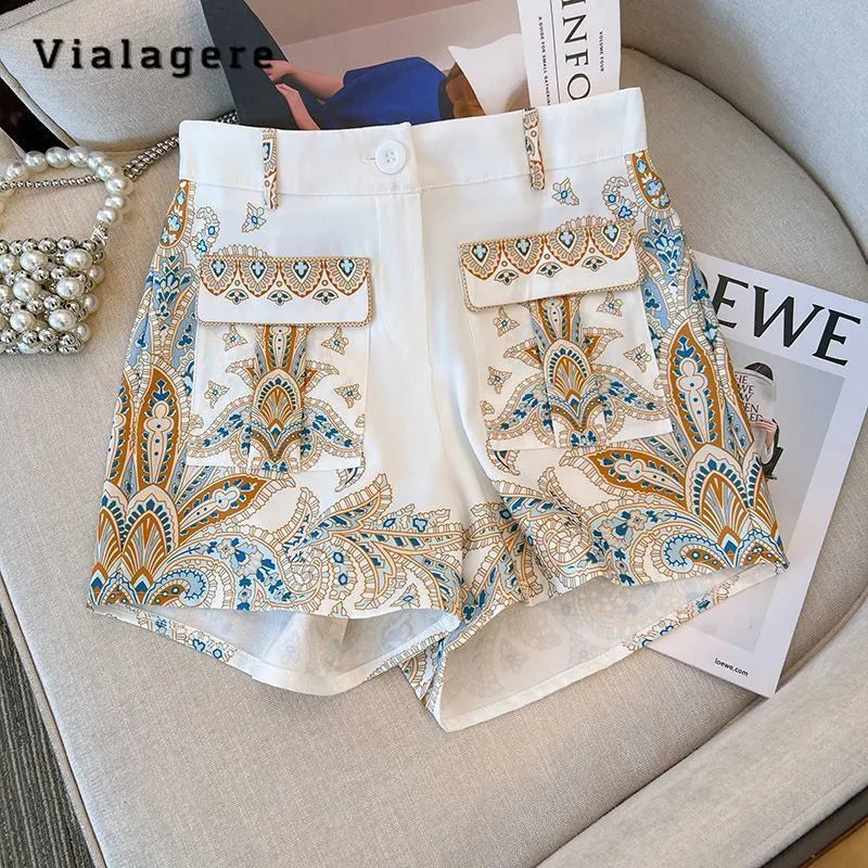 2024 Autumn Summer Fashion Vintage Two-piece Set Women Long Sleeve Single Breasted Top+Print Shorts Luxury Shorts Set Outfits