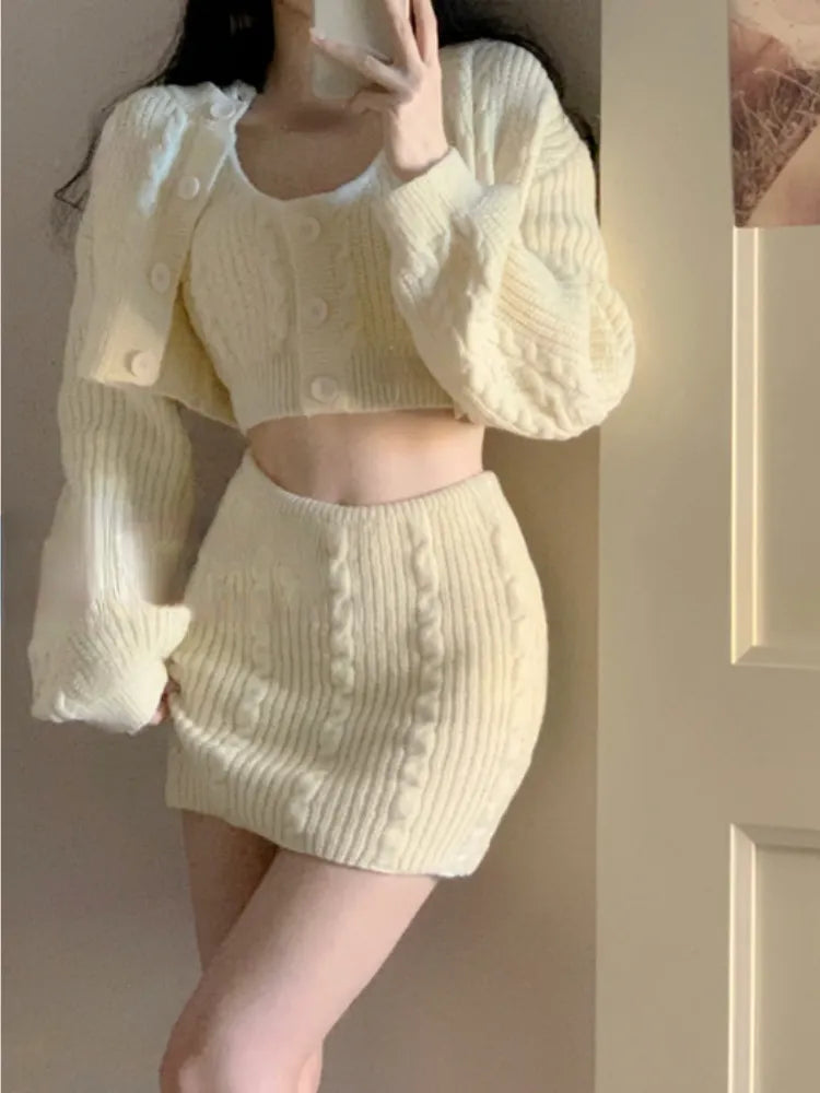 2024 Autumn Sweet Skirt 3 Piece Set Office Lady Casual Blouse + Slim Sexy Vest + Women Party Mini Skirt Korean Fashion Chic 2 Piece Set