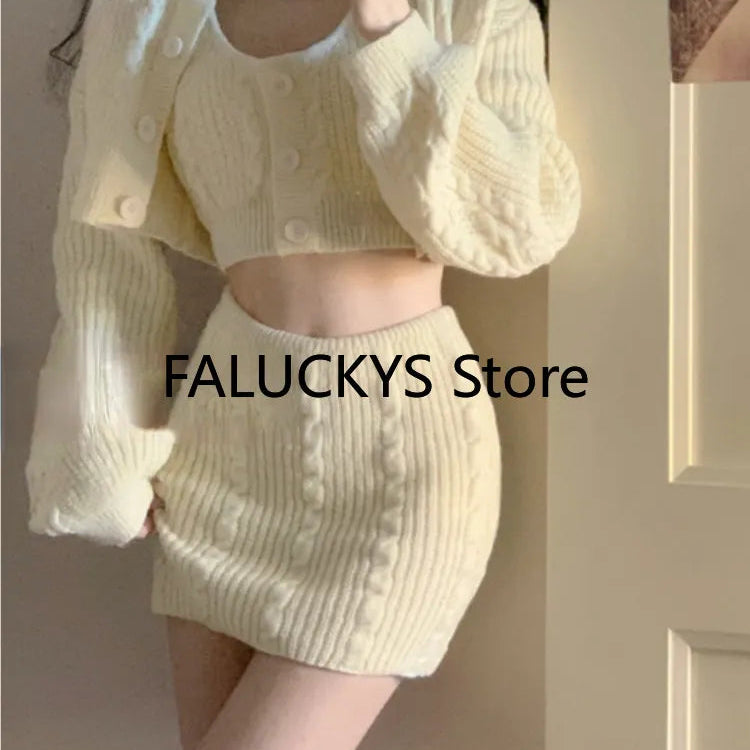 2024 Autumn Sweet Skirt 3 Piece Set Office Lady Casual Blouse + Slim Sexy Vest + Women Party Mini Skirt Korean Fashion Chic