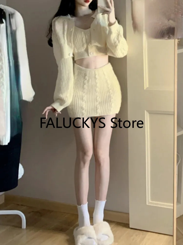 2024 Autumn Sweet Skirt 3 Piece Set Office Lady Casual Blouse + Slim Sexy Vest + Women Party Mini Skirt Korean Fashion Chic