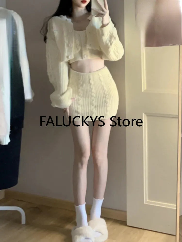 2024 Autumn Sweet Skirt 3 Piece Set Office Lady Casual Blouse + Slim Sexy Vest + Women Party Mini Skirt Korean Fashion Chic