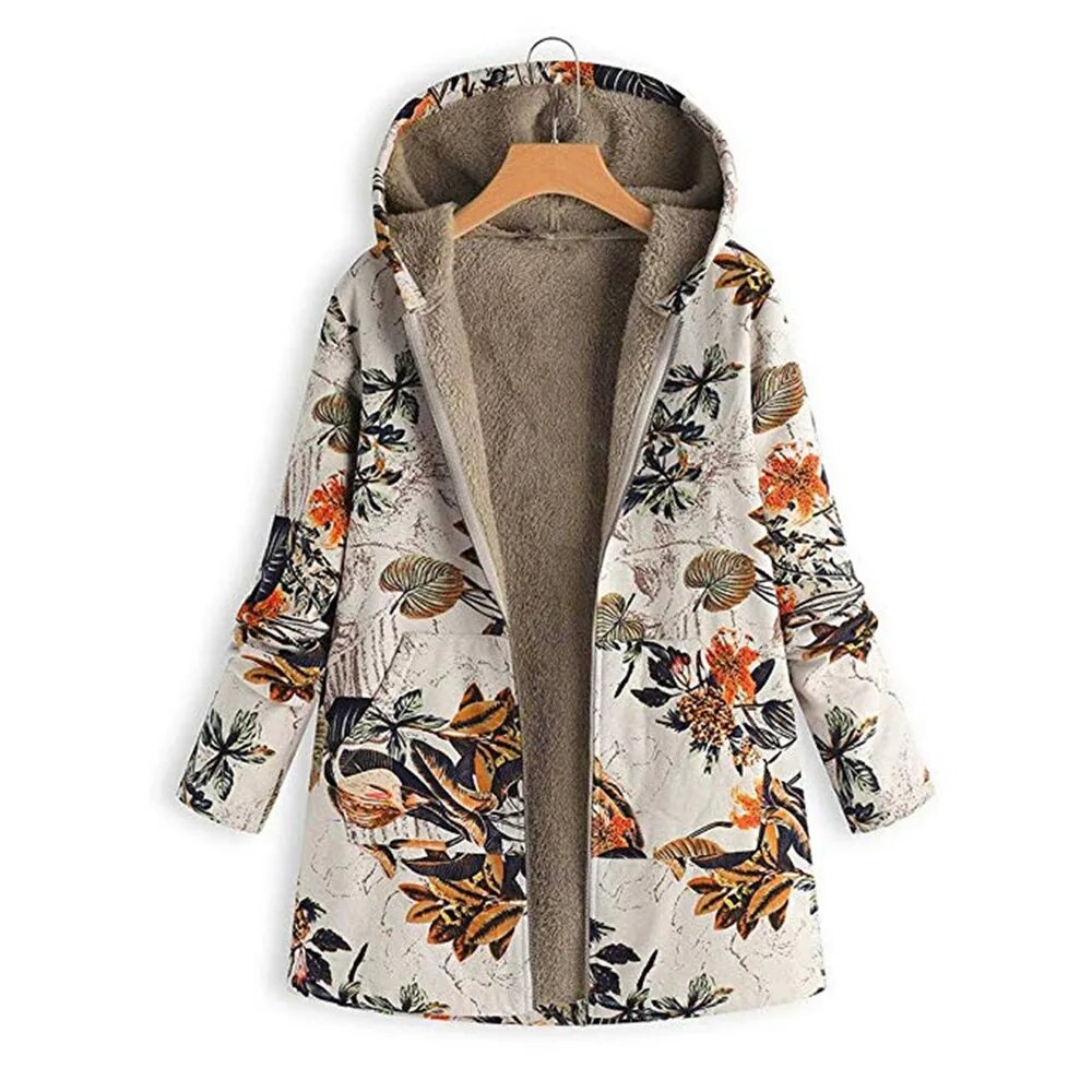 2024 Autumn Winter Hot Selling Cotton and Linen Printed Hooded Sweater Woman Warm Plush Jacket Women 2