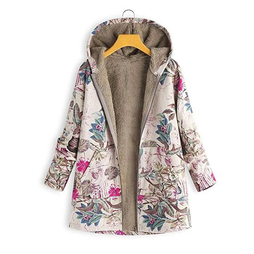 2024 Autumn Winter Hot Selling Cotton and Linen Printed Hooded Sweater Woman Warm Plush Jacket Women 4