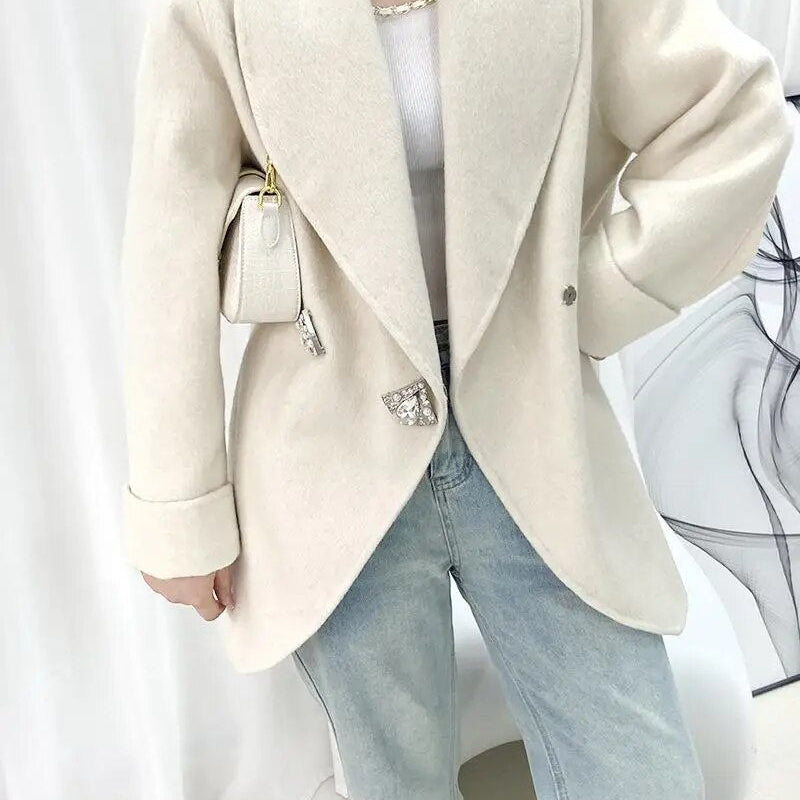Autumn/Winter Korean Style Short Woolen Jackets Rabbit Hair Ladies Handmade Double-Breasted Loose Women Wool Coats Beige