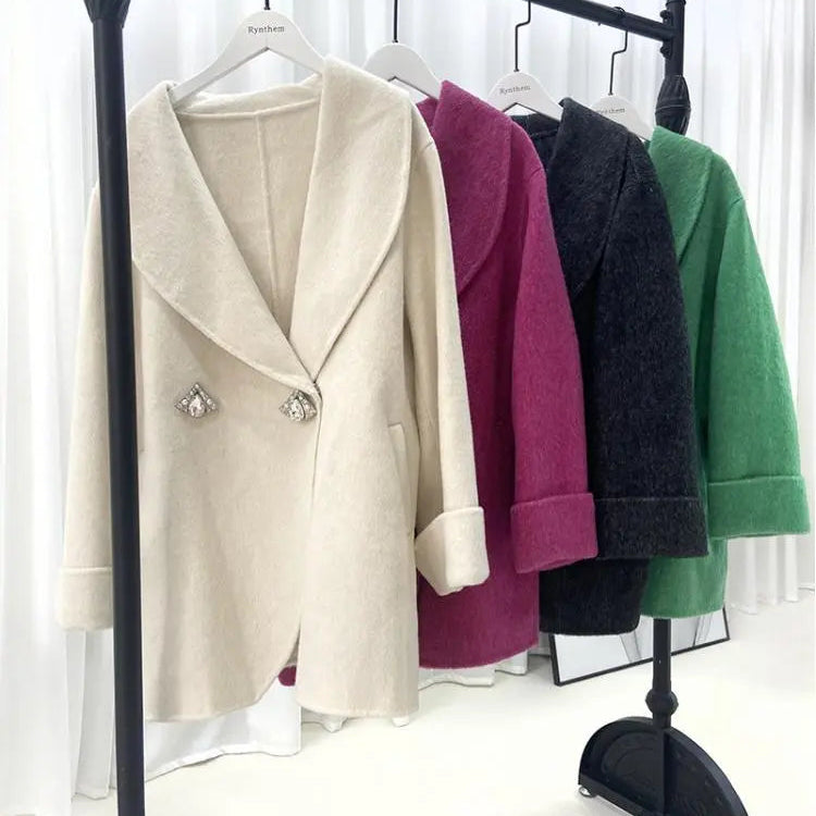 Autumn/Winter Korean Style Short Woolen Jackets Rabbit Hair Ladies Handmade Double-Breasted Loose Women Wool Coats
