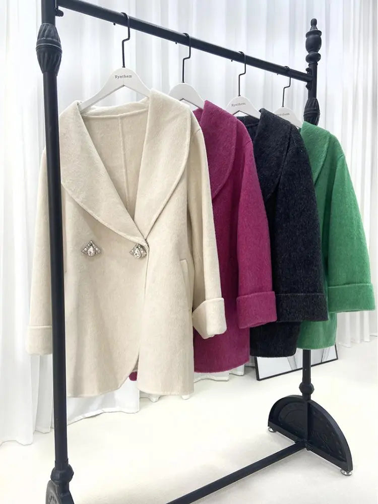 Autumn/Winter Korean Style Short Woolen Jackets Rabbit Hair Ladies Handmade Double-Breasted Loose Women Wool Coats