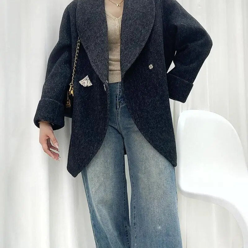 Autumn/Winter Korean Style Short Woolen Jackets Rabbit Hair Ladies Handmade Double-Breasted Loose Women Wool Coats Black-gray