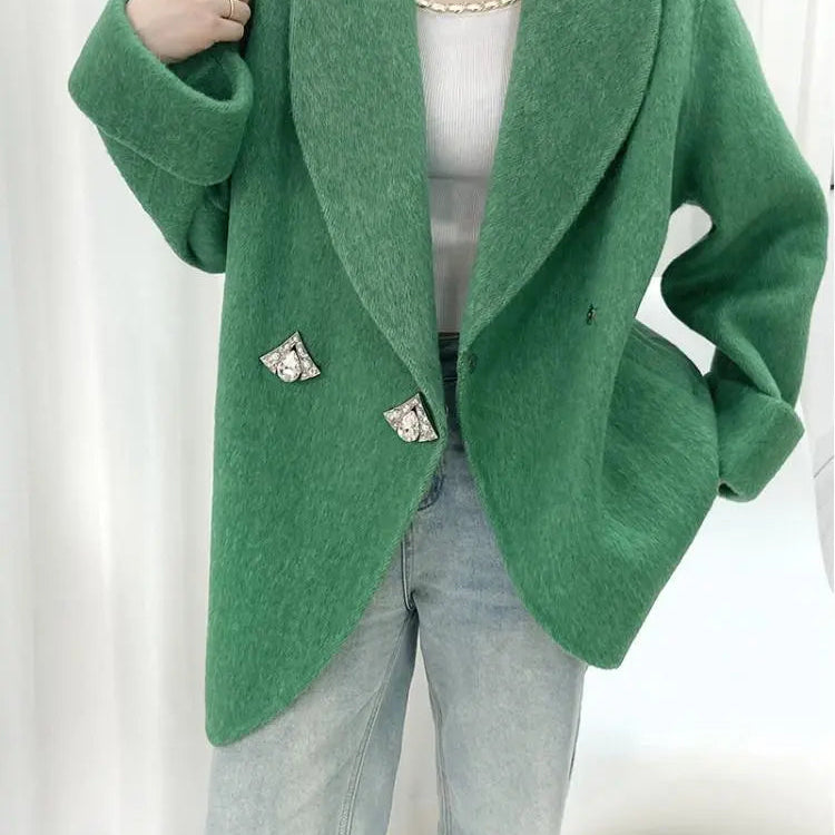 Autumn/Winter Korean Style Short Woolen Jackets Rabbit Hair Ladies Handmade Double-Breasted Loose Women Wool Coats