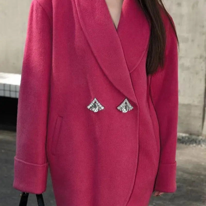 Autumn/Winter Korean Style Short Woolen Jackets Rabbit Hair Ladies Handmade Double-Breasted Loose Women Wool Coats Dragon Fruit