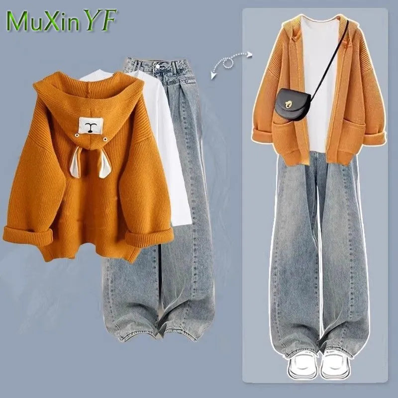 2024 Autumn/Winter New Denim Pants Matching Set Women's Korean Elegant Knit Hooded Cardigan+Long Sleeve+Jeans Three Piece Suit