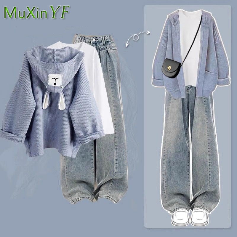 2024 Autumn/Winter New Denim Pants Matching Set Women's Korean Elegant Knit Hooded Cardigan+Long Sleeve+Jeans Three Piece Suit