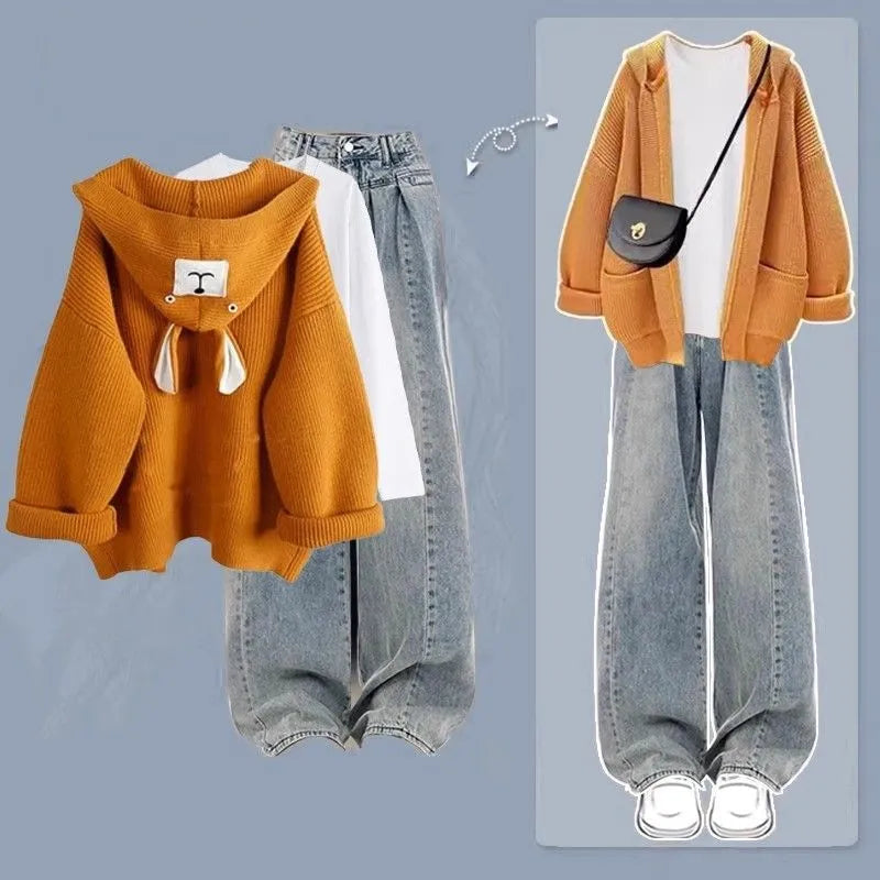 2024 Autumn/Winter New Denim Pants Matching Set Women's Korean Elegant Knit Hooded Cardigan+Long Sleeve+Jeans Three Piece Suit Orange Set