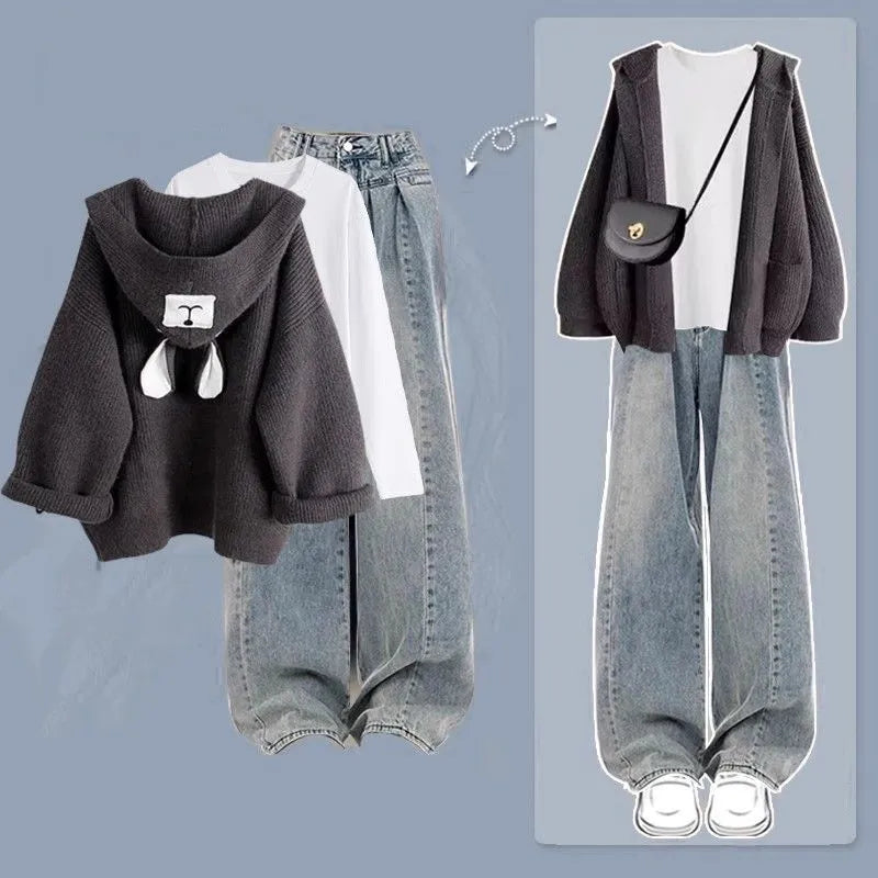 2024 Autumn/Winter New Denim Pants Matching Set Women's Korean Elegant Knit Hooded Cardigan+Long Sleeve+Jeans Three Piece Suit Gray Set