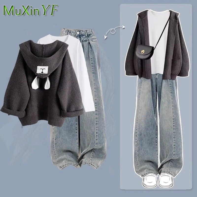 2024 Autumn/Winter New Denim Pants Matching Set Women's Korean Elegant Knit Hooded Cardigan+Long Sleeve+Jeans Three Piece Suit