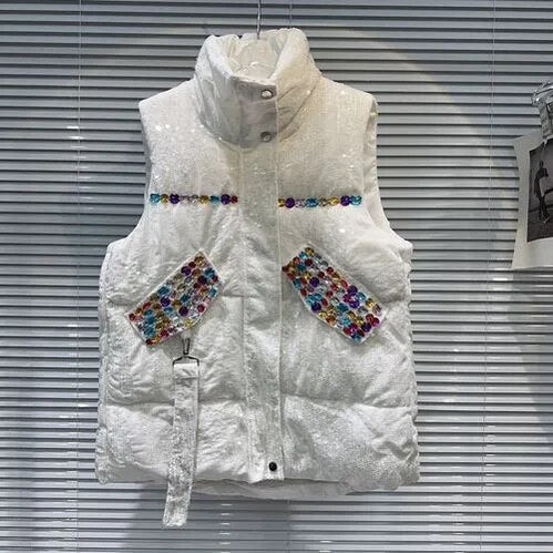 2024 Autumn Winter New Heavy Industry Color Gem Beaded Cotton Vest Women's Thicked Warm Stand Collar Sleeveless Waistcoat Jacket White One Size