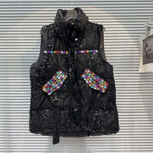 2024 Autumn Winter New Heavy Industry Color Gem Beaded Cotton Vest Women's Thicked Warm Stand Collar Sleeveless Waistcoat Jacket Black One Size
