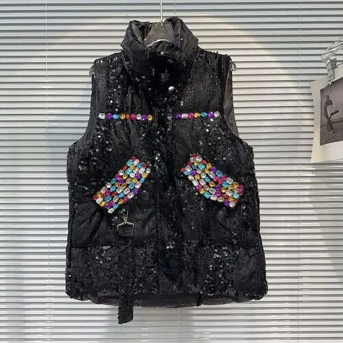 2024 Autumn Winter New Heavy Industry Color Gem Beaded Cotton Vest Women's Thicked Warm Stand Collar Sleeveless Waistcoat Jacket Black One Size