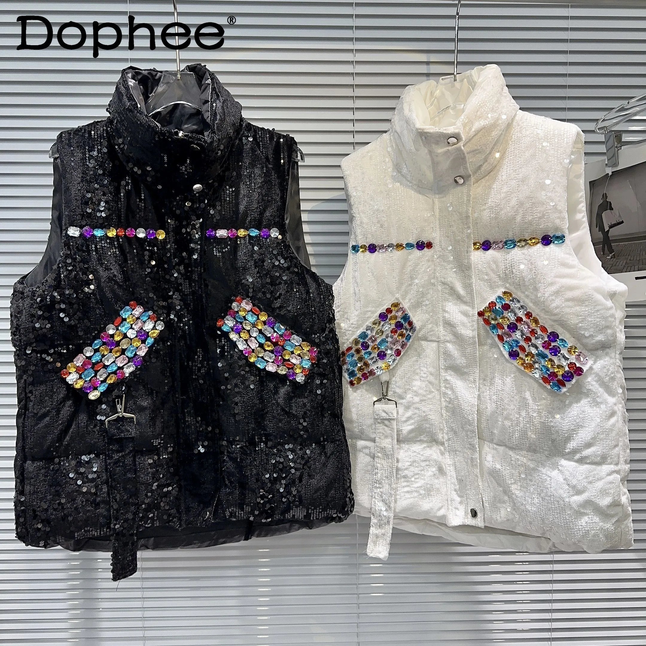 2024 Autumn Winter New Heavy Industry Color Gem Beaded Cotton Vest Women's Thicked Warm Stand Collar Sleeveless Waistcoat Jacket