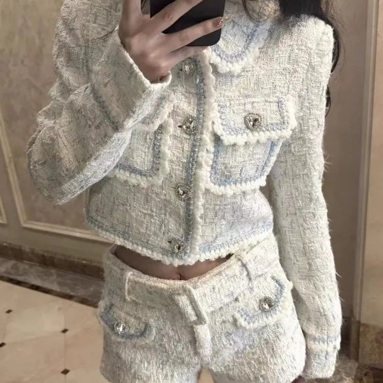 2024 Autumn Winter New Y2K Style Heart Shaped Button Tweed Short Coat Jacket + High Waist Shorts Suit Women Two Piece Sets