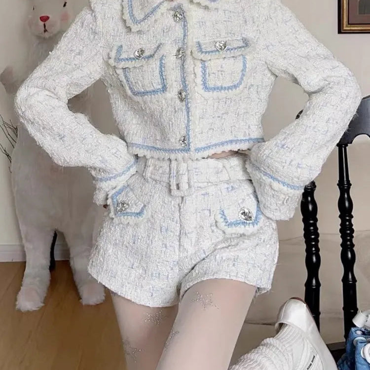 2024 Autumn Winter New Y2K Style Heart Shaped Button Tweed Short Coat Jacket + High Waist Shorts Suit Women Two Piece Sets