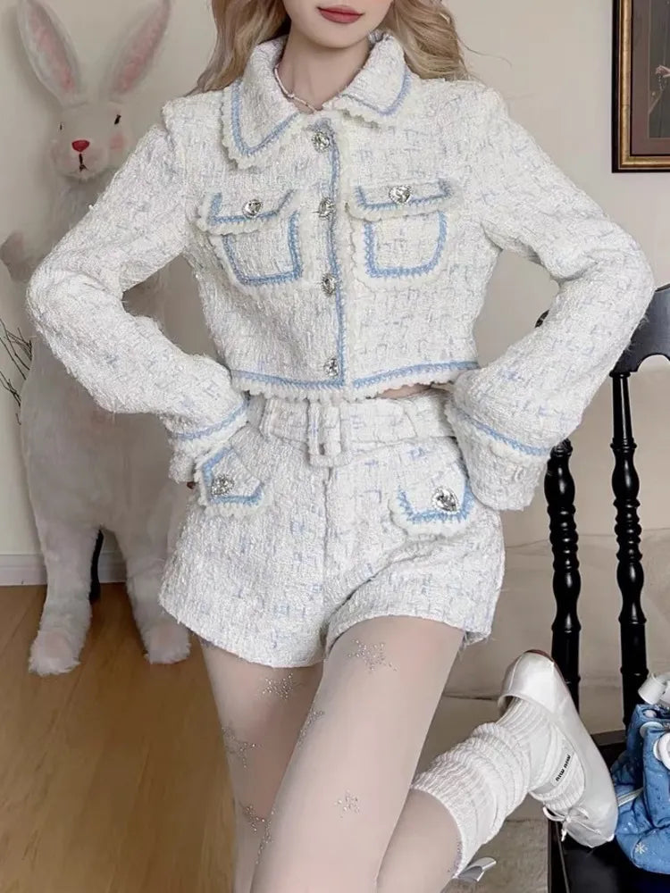 2024 Autumn Winter New Y2K Style Heart Shaped Button Tweed Short Coat Jacket + High Waist Shorts Suit Women Two Piece Sets