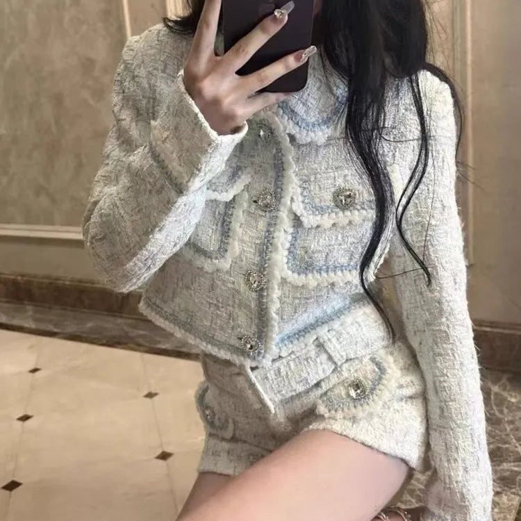 2024 Autumn Winter New Y2K Style Heart Shaped Button Tweed Short Coat Jacket + High Waist Shorts Suit Women Two Piece Sets