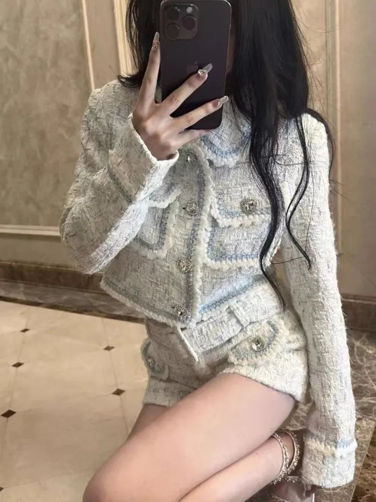 2024 Autumn Winter New Y2K Style Heart Shaped Button Tweed Short Coat Jacket + High Waist Shorts Suit Women Two Piece Sets