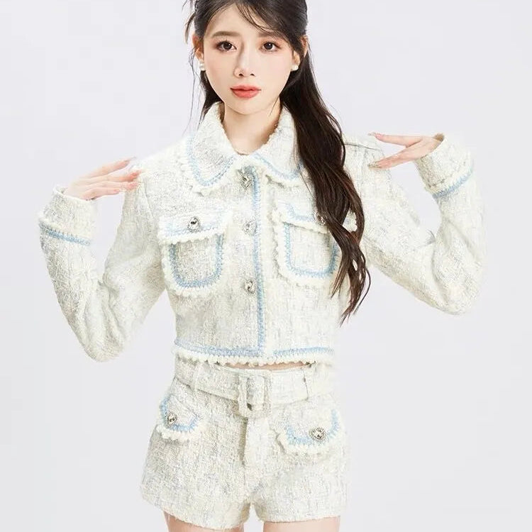 2024 Autumn Winter New Y2K Style Heart Shaped Button Tweed Short Coat Jacket + High Waist Shorts Suit Women Two Piece Sets