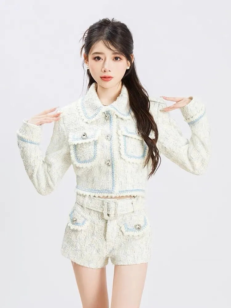 2024 Autumn Winter New Y2K Style Heart Shaped Button Tweed Short Coat Jacket + High Waist Shorts Suit Women Two Piece Sets