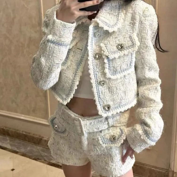 2024 Autumn Winter New Y2K Style Heart Shaped Button Tweed Short Coat Jacket + High Waist Shorts Suit Women Two Piece Sets