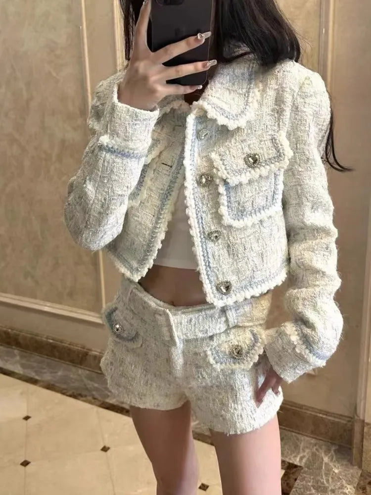2024 Autumn Winter New Y2K Style Heart Shaped Button Tweed Short Coat Jacket + High Waist Shorts Suit Women Two Piece Sets