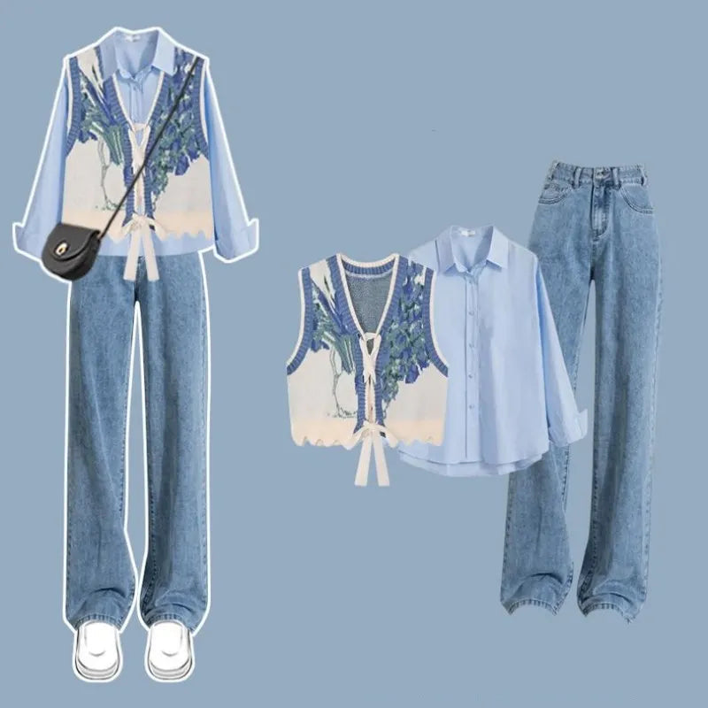 2024 Autumn/Winter New in Matching Set Women's Fashion Knitted Vest+Shirt+Jeans 3 Piece Korean Elegant Blouse Denim Pants Suit Set 02