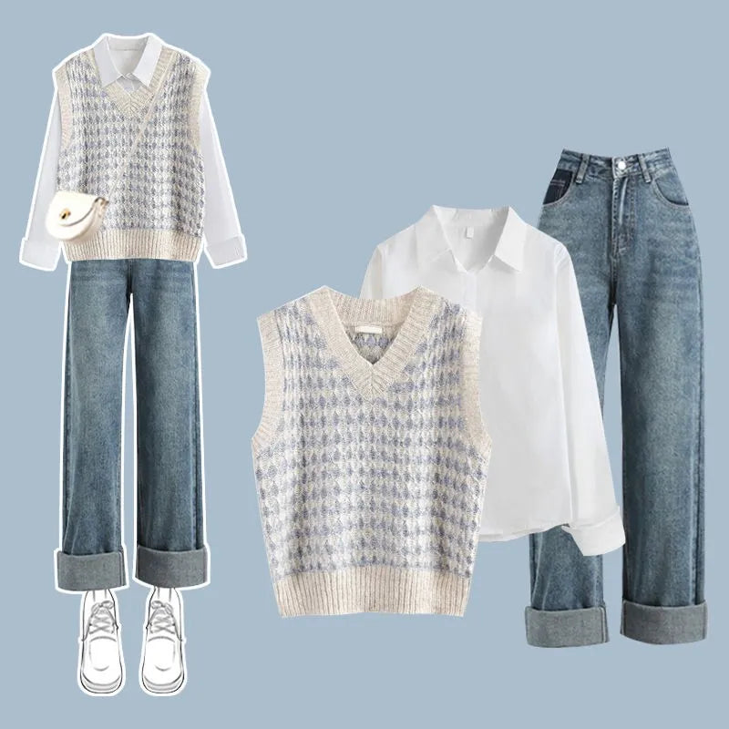 2024 Autumn/Winter New in Matching Set Women's Fashion Knitted Vest+Shirt+Jeans 3 Piece Korean Elegant Blouse Denim Pants Suit Set 03