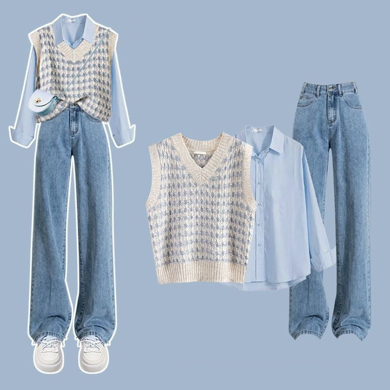 2024 Autumn/Winter New in Matching Set Women's Fashion Knitted Vest+Shirt+Jeans 3 Piece Korean Elegant Blouse Denim Pants Suit Set 01