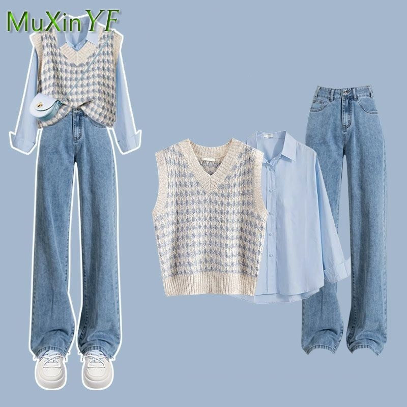 2024 Autumn/Winter New in Matching Set Women's Fashion Knitted Vest+Shirt+Jeans 3 Piece Korean Elegant Blouse Denim Pants Suit