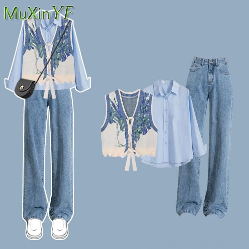 2024 Autumn/Winter New in Matching Set Women's Fashion Knitted Vest+Shirt+Jeans 3 Piece Korean Elegant Blouse Denim Pants Suit