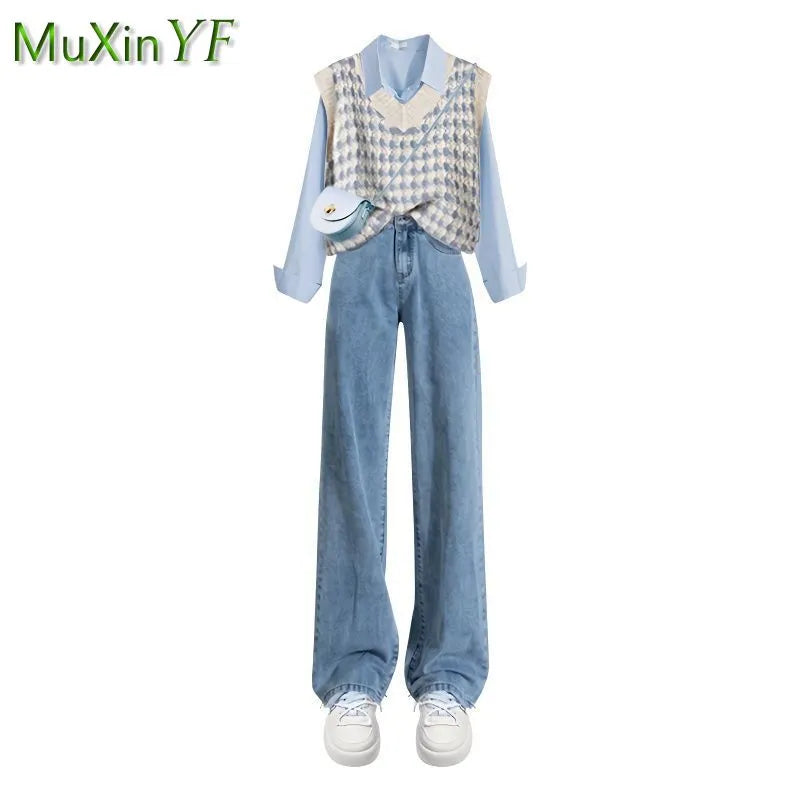 2024 Autumn/Winter New in Matching Set Women's Fashion Knitted Vest+Shirt+Jeans 3 Piece Korean Elegant Blouse Denim Pants Suit