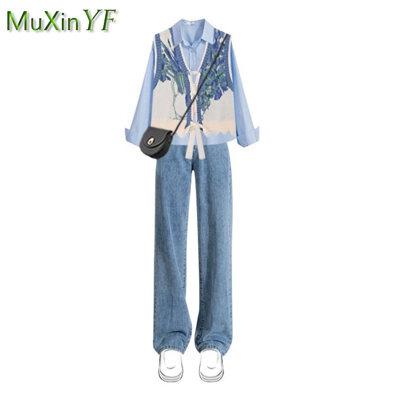 2024 Autumn/Winter New in Matching Set Women's Fashion Knitted Vest+Shirt+Jeans 3 Piece Korean Elegant Blouse Denim Pants Suit