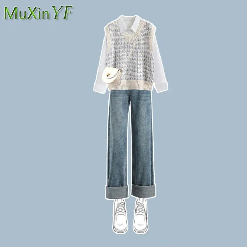 2024 Autumn/Winter New in Matching Set Women's Fashion Knitted Vest+Shirt+Jeans 3 Piece Korean Elegant Blouse Denim Pants Suit