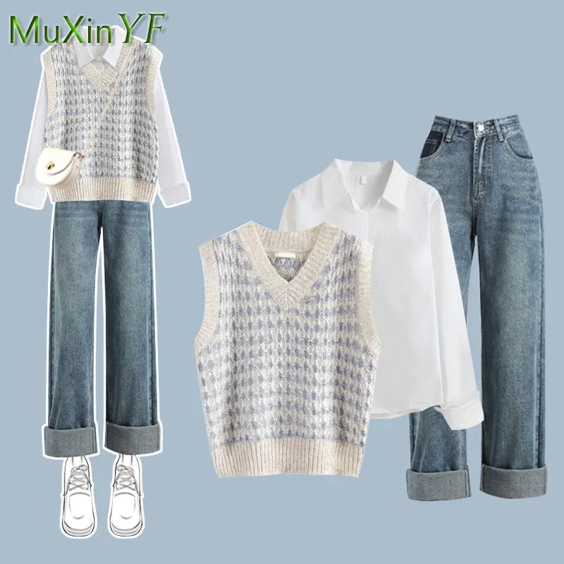 2024 Autumn/Winter New in Matching Set Women's Fashion Knitted Vest+Shirt+Jeans 3 Piece Korean Elegant Blouse Denim Pants Suit