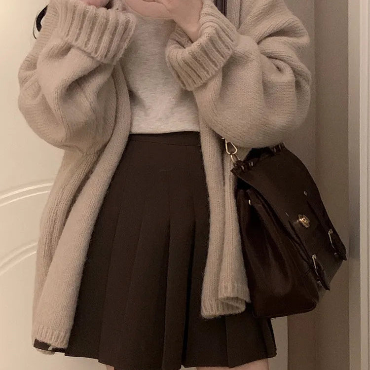 2024 Autumn Winter Outfits 2 Piece Set Retro Single-breasted Thick Oversize Warm Cozy Cardigan + High Waist Mini Pleated Skirt Grey-Cardigan