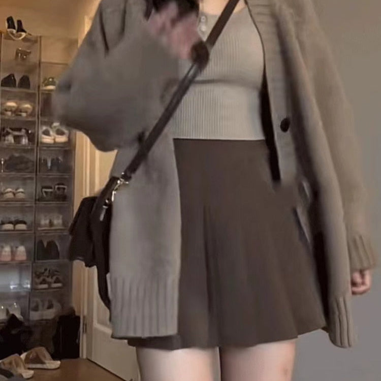 2024 Autumn Winter Outfits 2 Piece Set Retro Single-breasted Thick Oversize Warm Cozy Cardigan + High Waist Mini Pleated Skirt