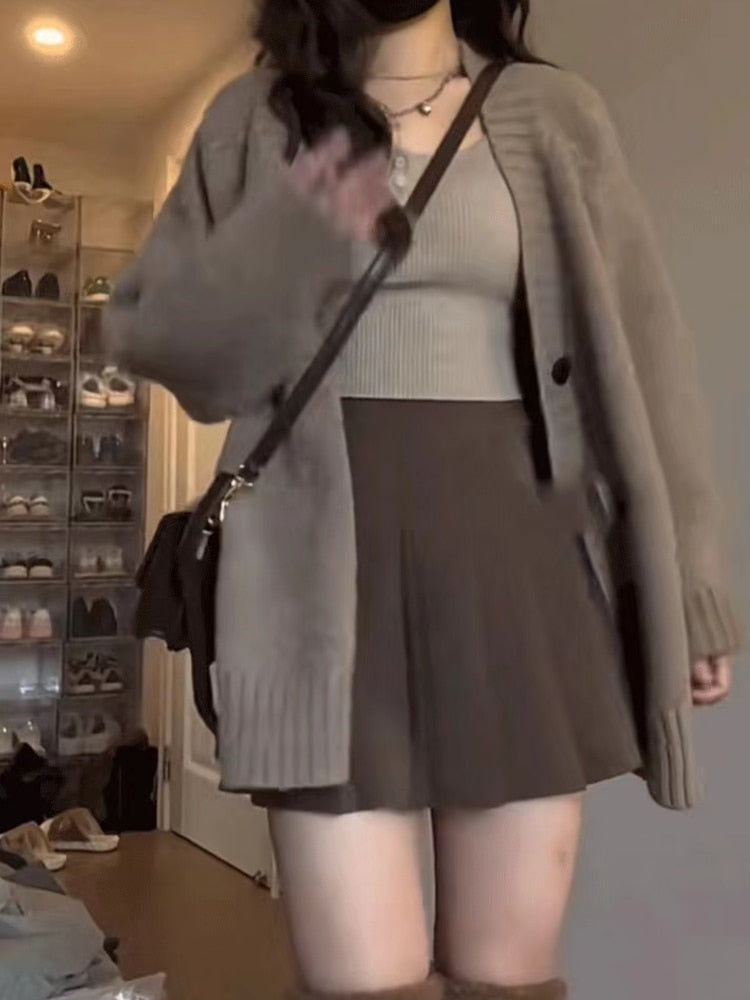 2024 Autumn Winter Outfits 2 Piece Set Retro Single-breasted Thick Oversize Warm Cozy Cardigan + High Waist Mini Pleated Skirt
