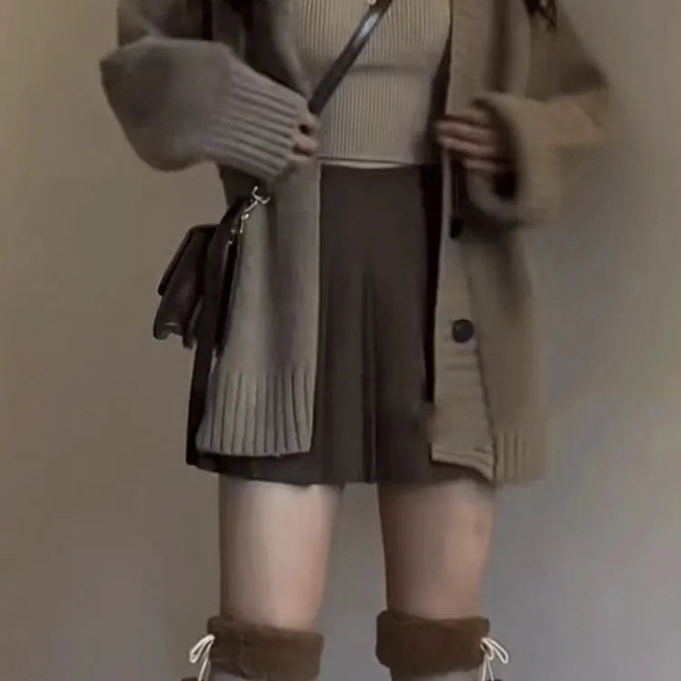 2024 Autumn Winter Outfits 2 Piece Set Retro Single-breasted Thick Oversize Warm Cozy Cardigan + High Waist Mini Pleated Skirt