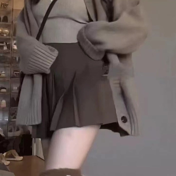 2024 Autumn Winter Outfits 2 Piece Set Retro Single-breasted Thick Oversize Warm Cozy Cardigan + High Waist Mini Pleated Skirt