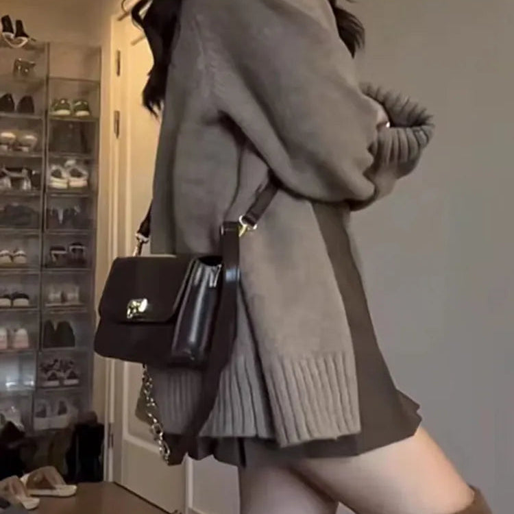 2024 Autumn Winter Outfits 2 Piece Set Retro Single-breasted Thick Oversize Warm Cozy Cardigan + High Waist Mini Pleated Skirt